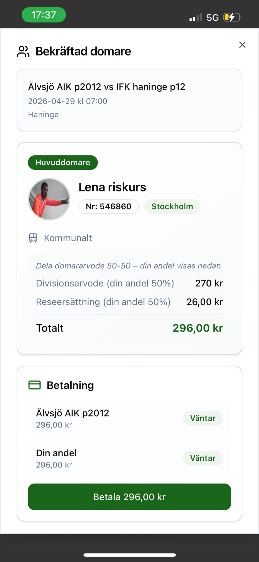 Preall-appens tränarvy med matchförfrågningar och kommande träningar.