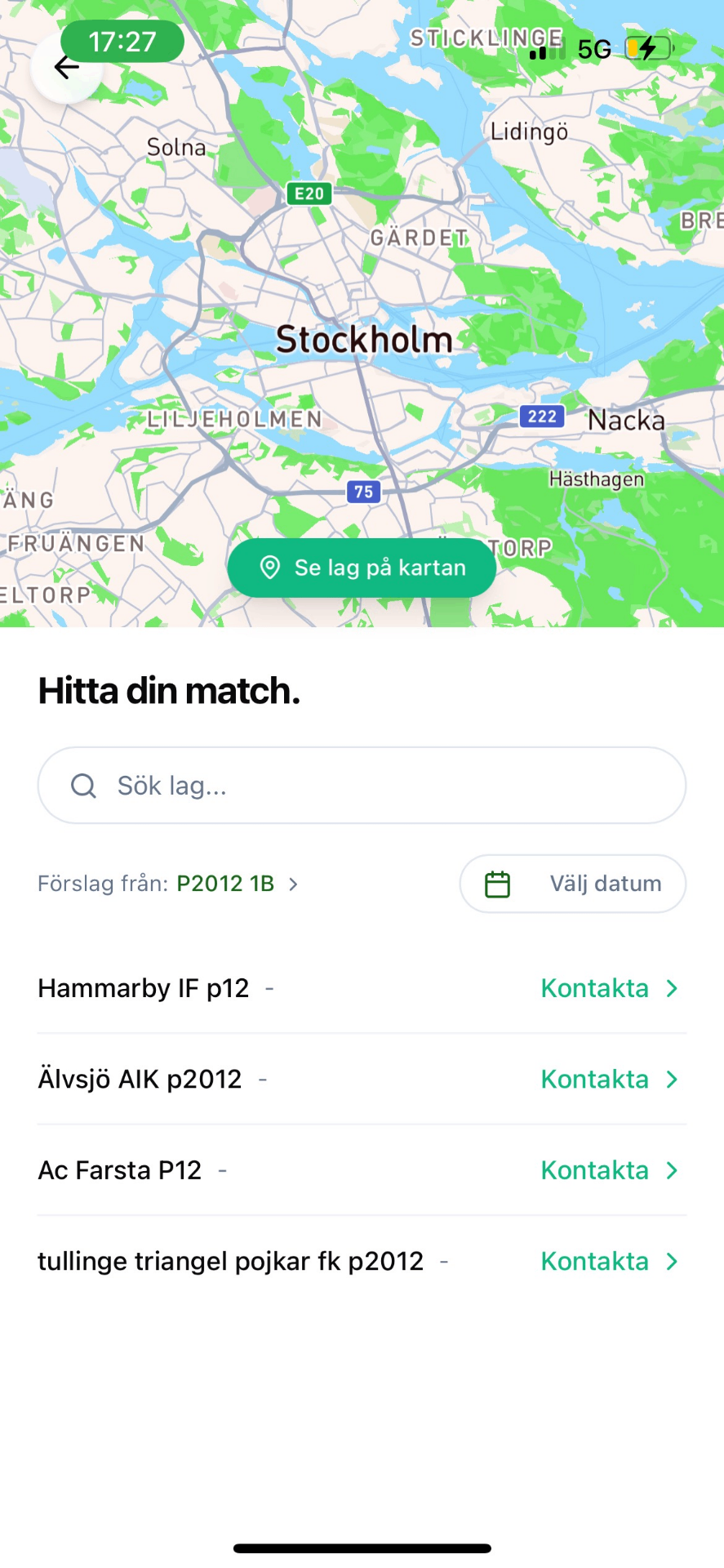 Preall-appen: hitta motståndare på karta över Stockholm.