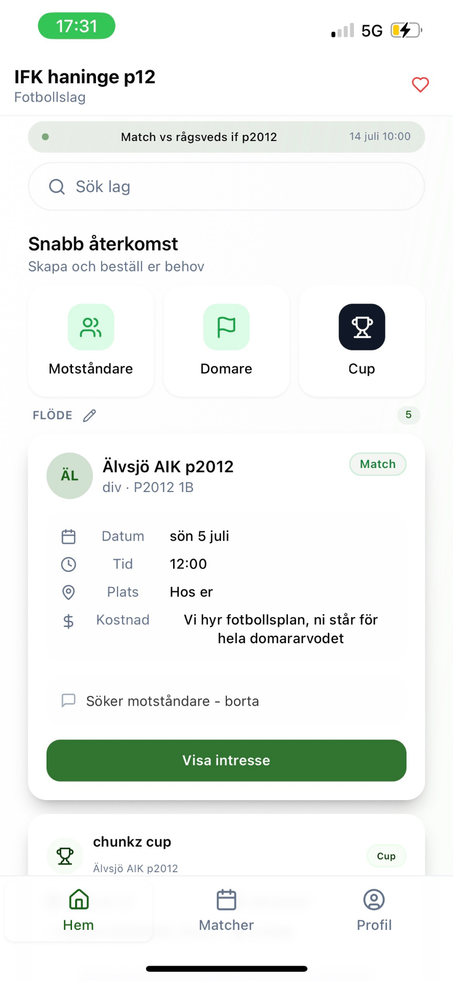 Preall-appen: lagets hemvy med matchförfrågningar och snabbval.